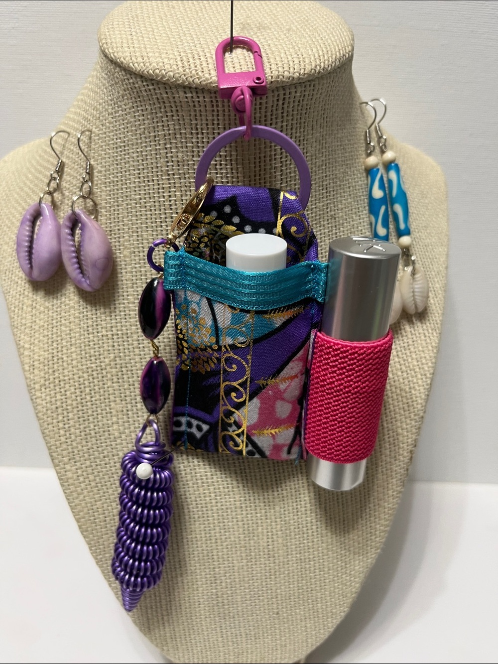 Gift Set 4pc Double Lipstick Lip Balm Holder Keychain Purse Charm 2 pr earrings